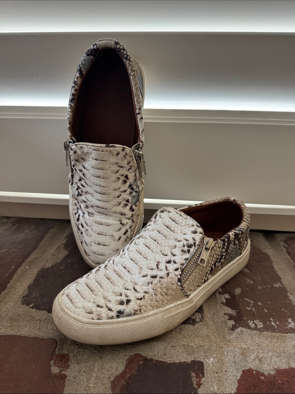 Snake-Embossed Slip-On Sneakers in Ivory and Taupe